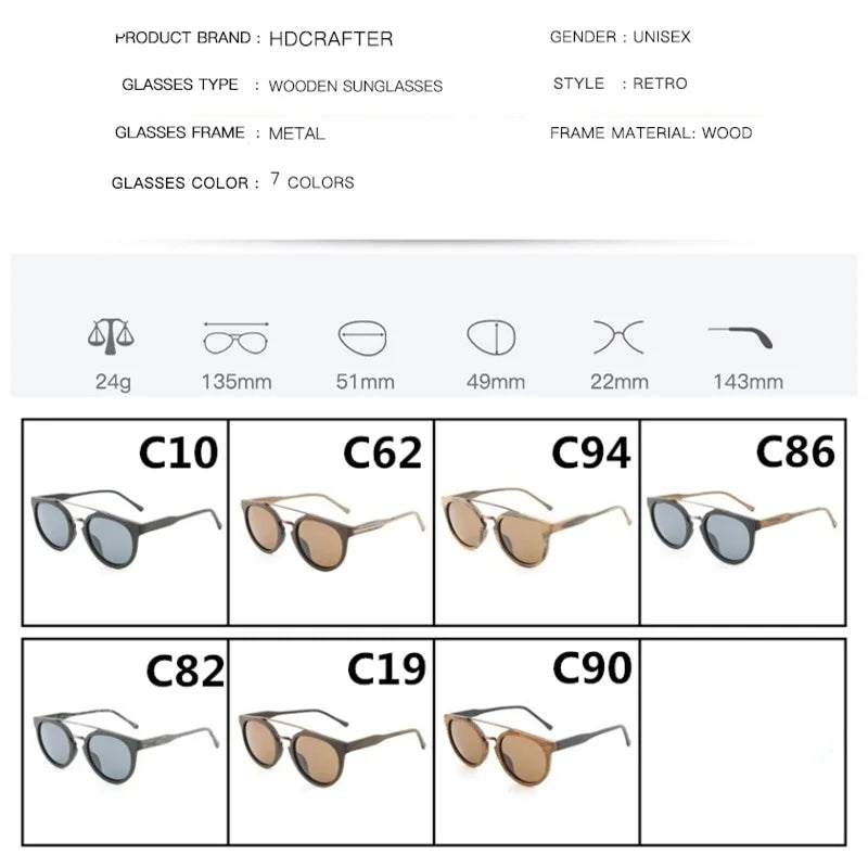 Óculos de Sol  Unissex Redondos  – Estilo Vintage com Armação de Madeira, Polarizados