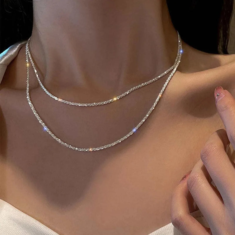 Colar Prateado Brilhante – Corrente Clavicular Estilo Choker