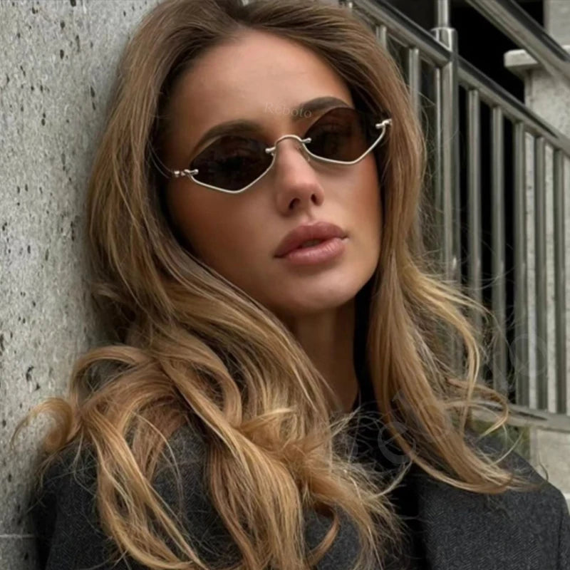 Óculos de Sol Feminino Poligonal – Design Vintage Cat Eye, Armação Metálica de Luxo, Estilo Hipster