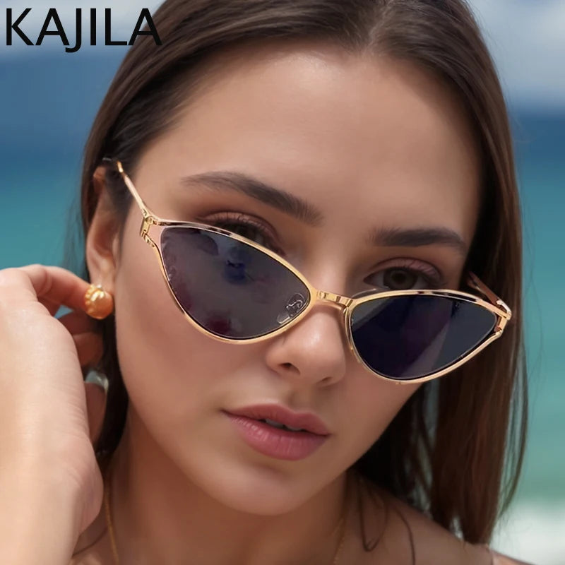 Óculos de Sol Femininos Cat Eye – Estilo Vintage, Armação Metálica Oval Pequena, Design Luxuoso e Punk