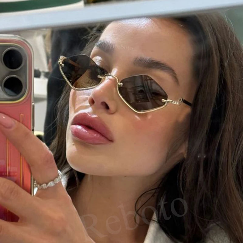 Óculos de Sol Feminino Poligonal – Design Vintage Cat Eye, Armação Metálica de Luxo, Estilo Hipster