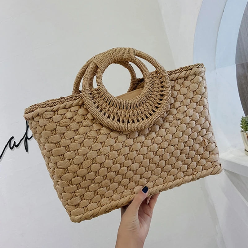 Bolsa de Palha Boho para Praia – Estilo Trançado com Alça Redonda e Ampla Capacidade