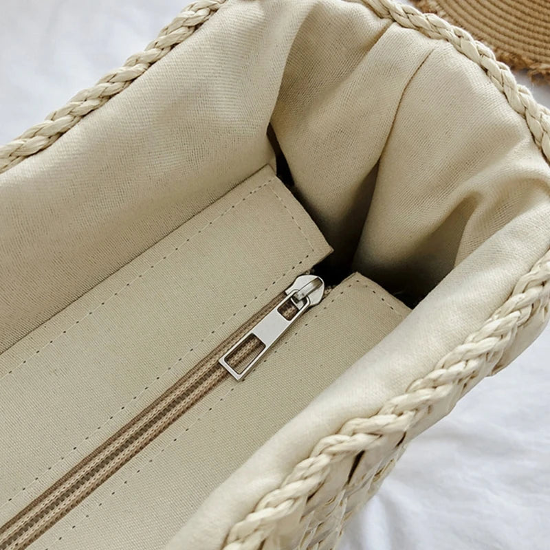 Bolsa de Palha Boho para Praia – Estilo Trançado com Alça Redonda e Ampla Capacidade