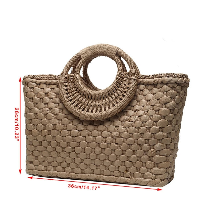 Bolsa de Palha Boho para Praia – Estilo Trançado com Alça Redonda e Ampla Capacidade