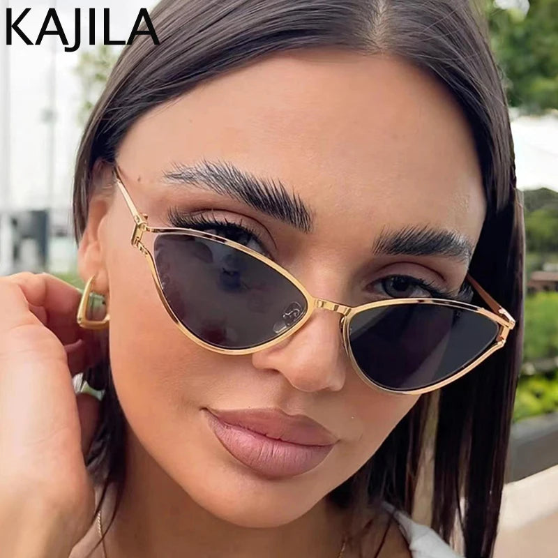 Óculos de Sol Femininos Cat Eye – Estilo Vintage, Armação Metálica Oval Pequena, Design Luxuoso e Punk