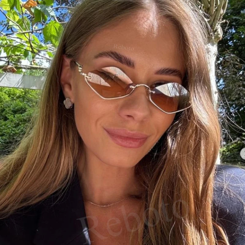 Óculos de Sol Feminino Poligonal – Design Vintage Cat Eye, Armação Metálica de Luxo, Estilo Hipster